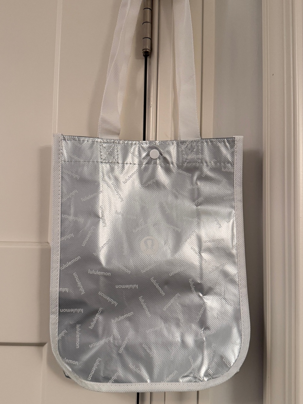 lululemon Silver Metallic Logo Tote with White Straps
